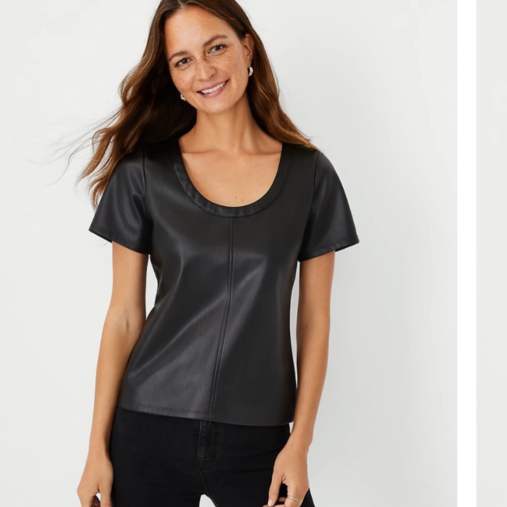 Black Faux Leather Scoop Neck Tee